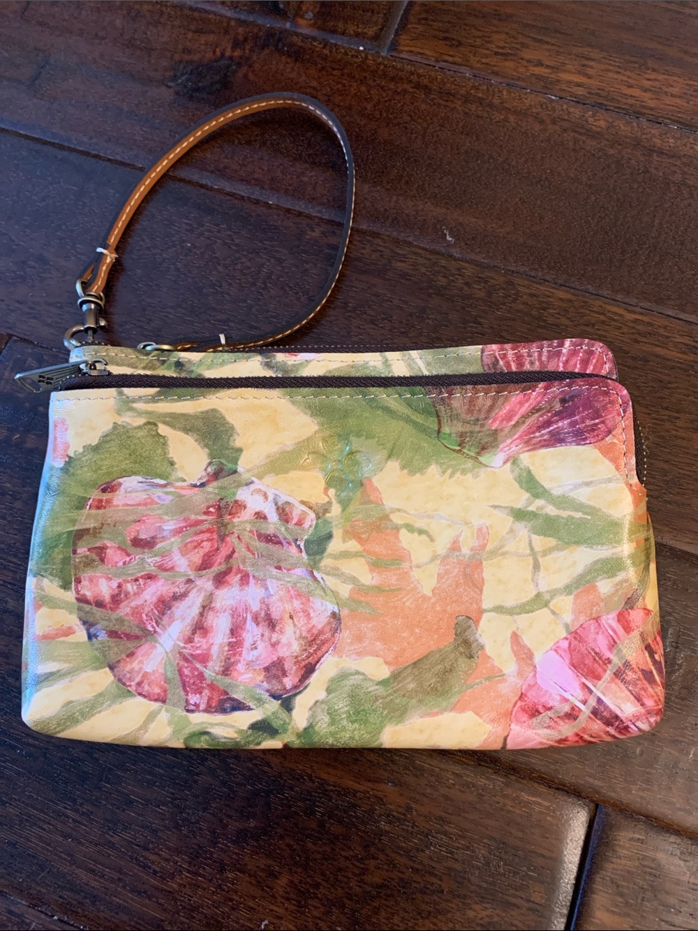 Patricia Nash Floral Wristlet Clutch in Pink, Green and Cream with Sea Shells